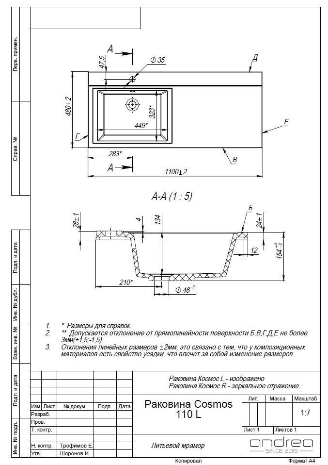 Раковина ANDREA Cosmos 110 R
